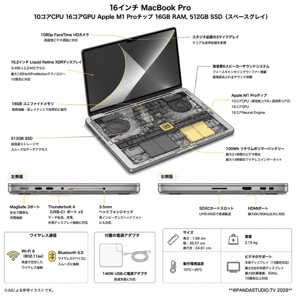 16インチ MacBook Pro 10コアCPU 16コアGPU Apple M1 Proチップ 16GB RAM, 512GB SSD（スペースグレイ) スペック