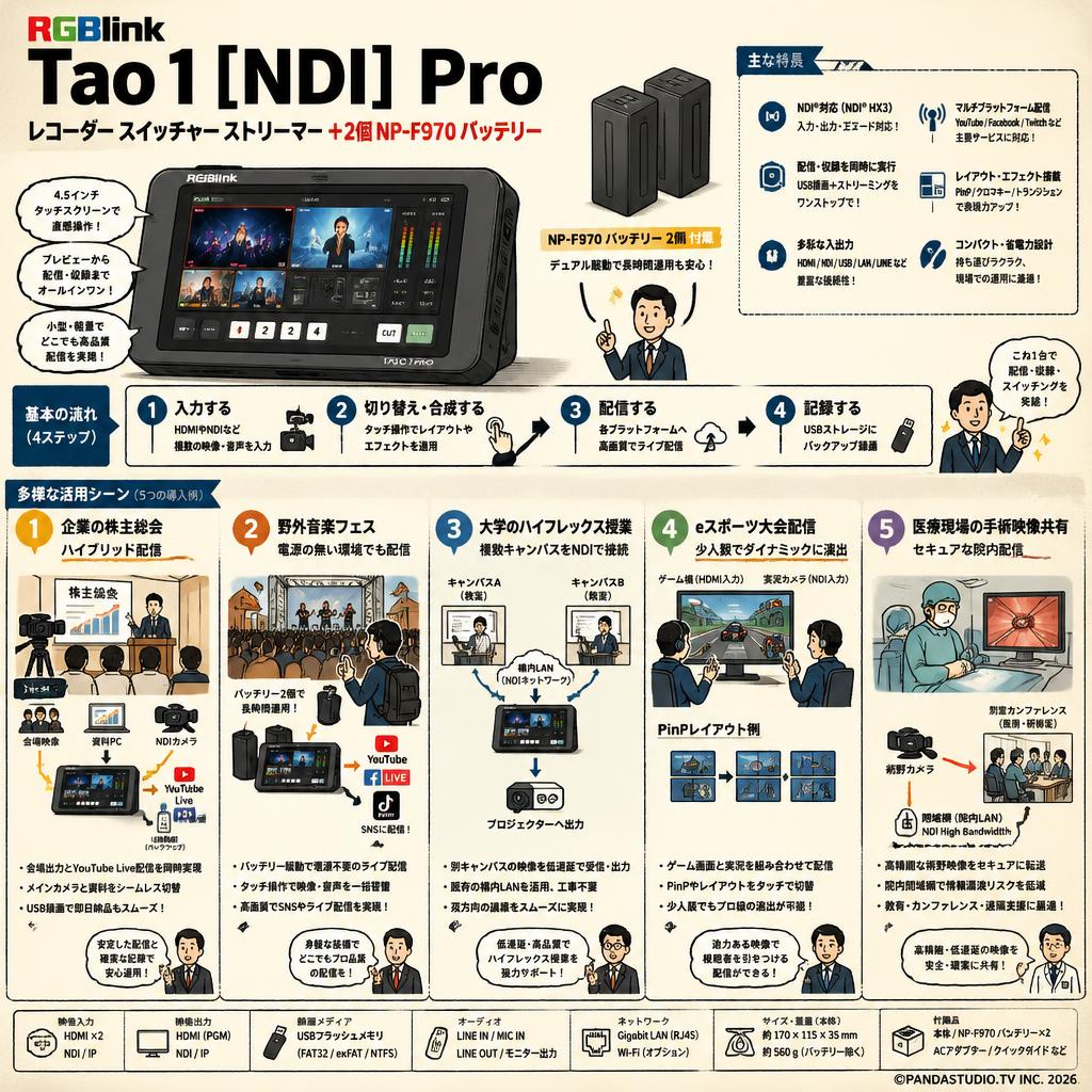 RGBlink Tao 1 [NDI] Pro レコーダー スイッチャー ストリーマー＋2個 NP-F970 バッテリー 用途
