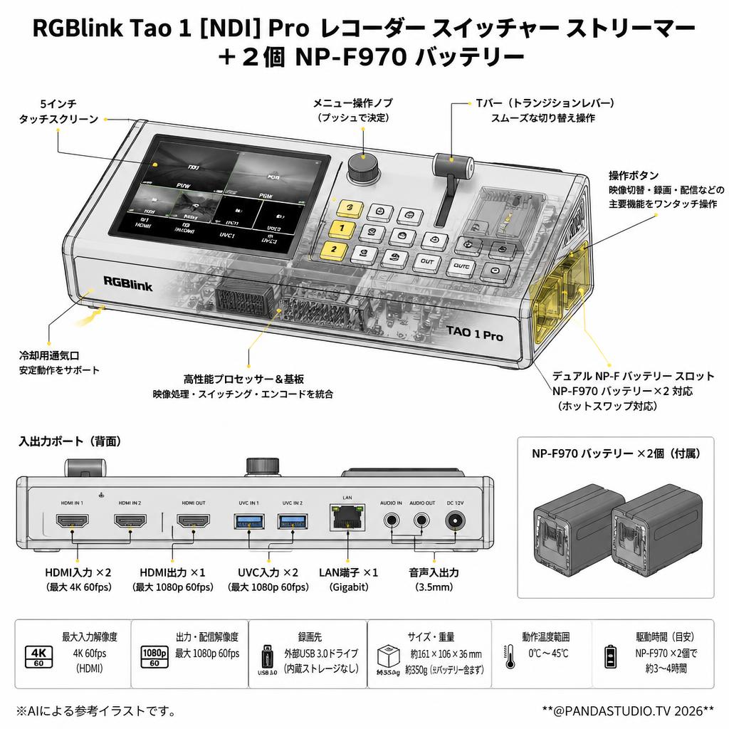 RGBlink Tao 1 [NDI] Pro レコーダー スイッチャー ストリーマー＋2個 NP-F970 バッテリー スペック