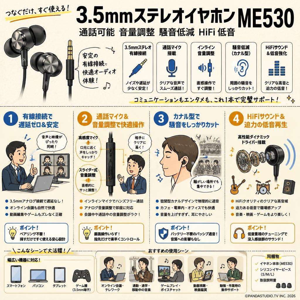 3.5mmステレオイヤホン 通話可能 音量調整 騒音低減 HiFi 低音 ME530 概要