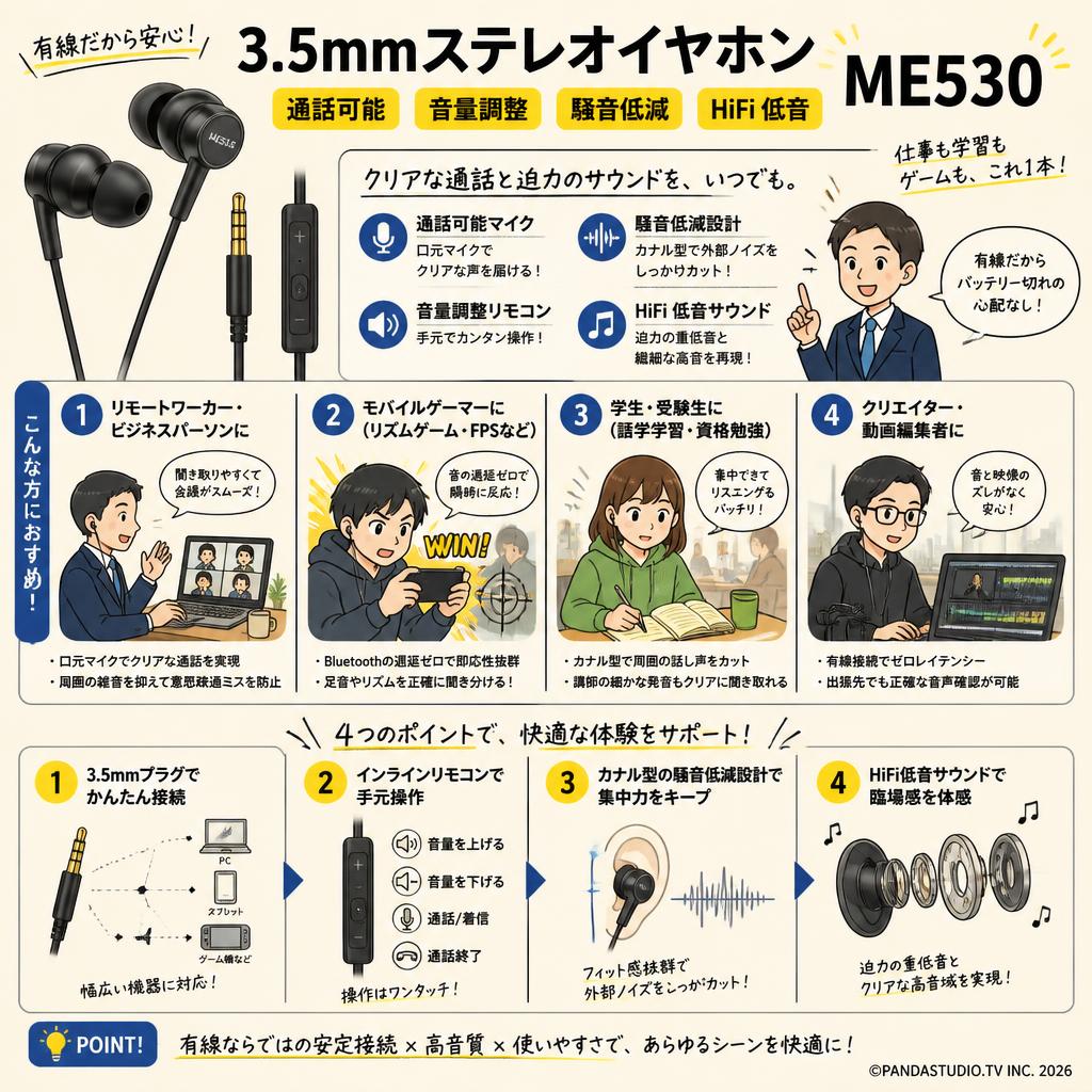3.5mmステレオイヤホン 通話可能 音量調整 騒音低減 HiFi 低音 ME530 おもな対象のお客様