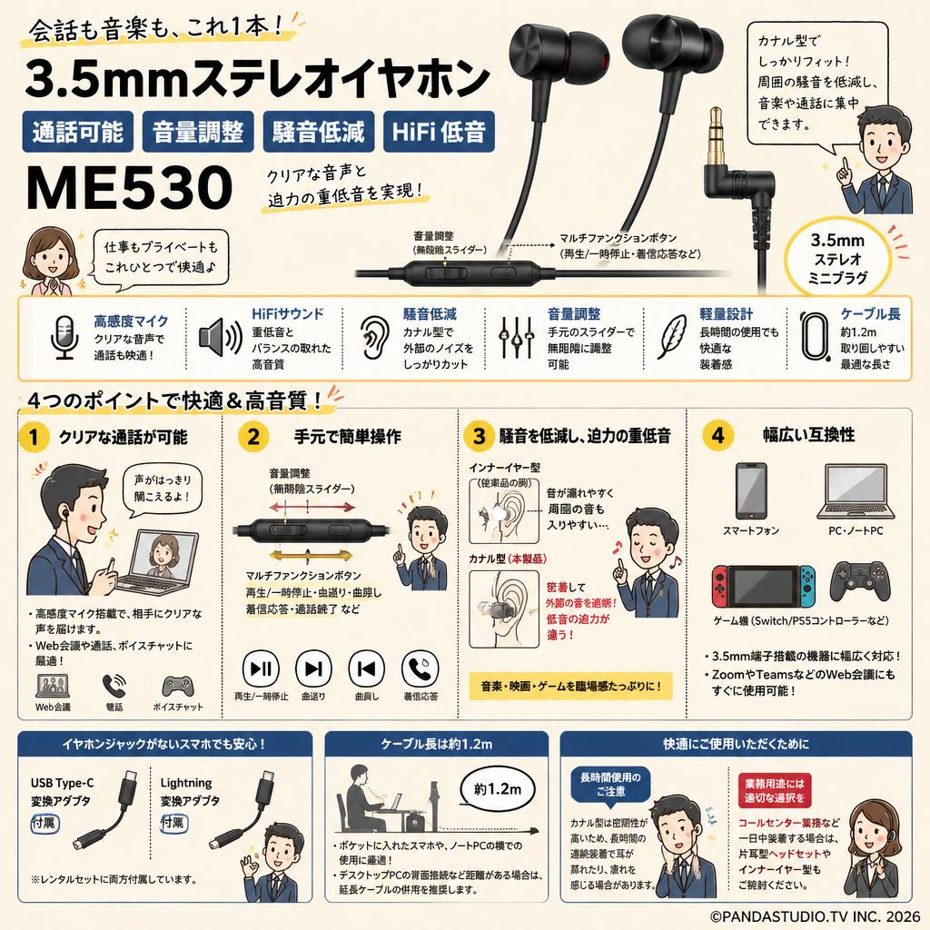 3.5mmステレオイヤホン 通話可能 音量調整 騒音低減 HiFi 低音 ME530 FAQ（よくある質問と答え）