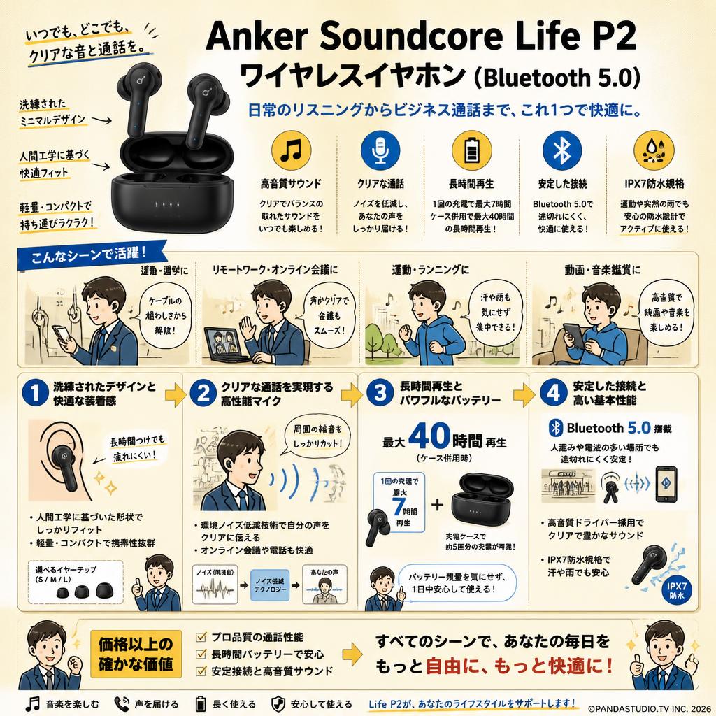 Anker Soundcore Life  P2ワイヤレスイヤホン(bluetooth5.0) 概要