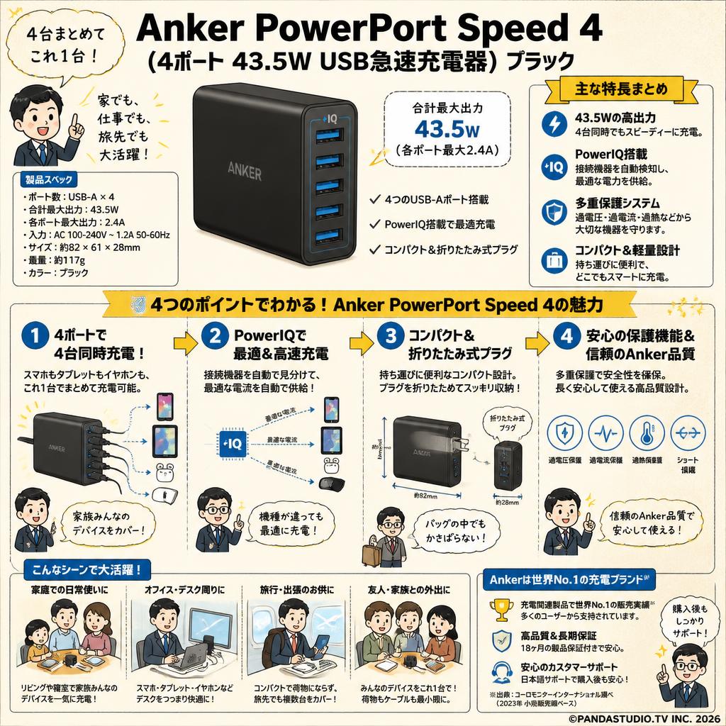 Anker PowerPort Speed 4 (4ポート 43.5W USB急速充電器) ブラック 概要