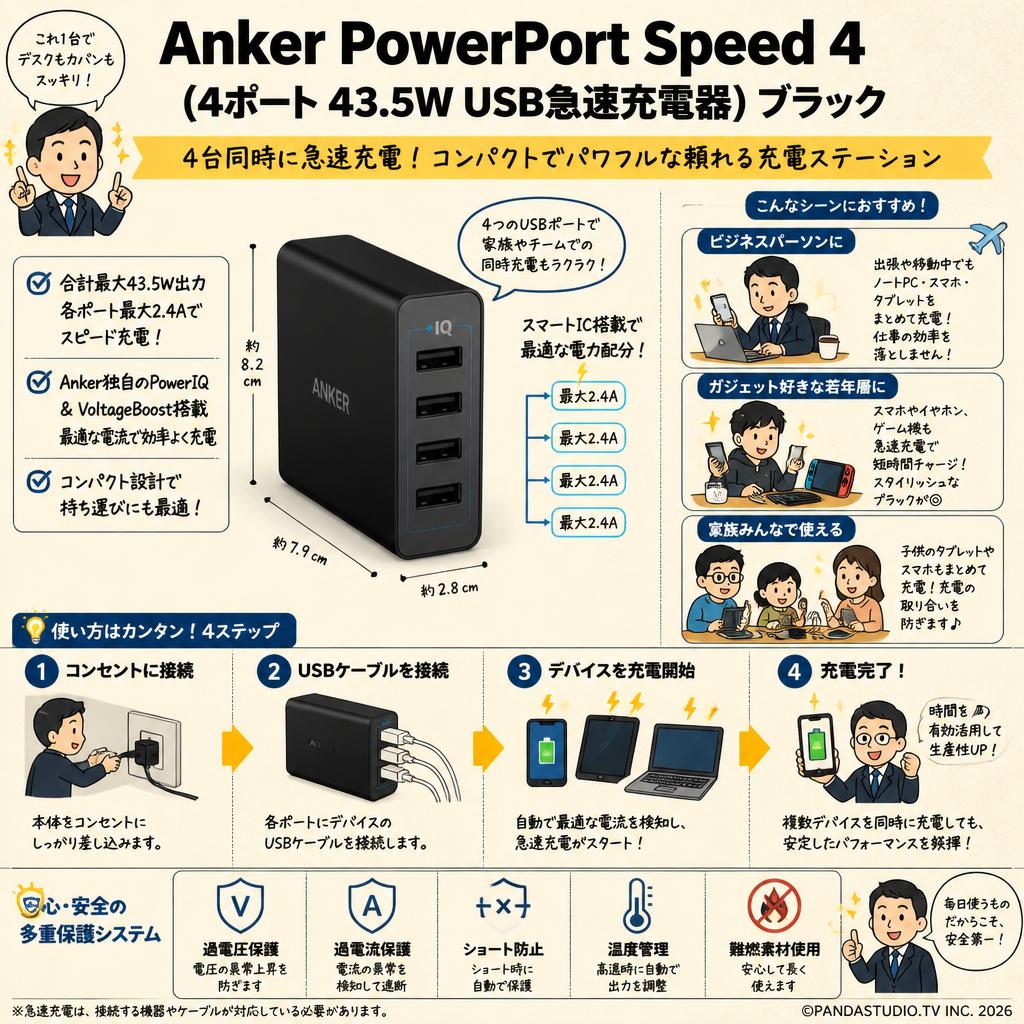 Anker PowerPort Speed 4 (4ポート 43.5W USB急速充電器) ブラック おもな対象のお客様