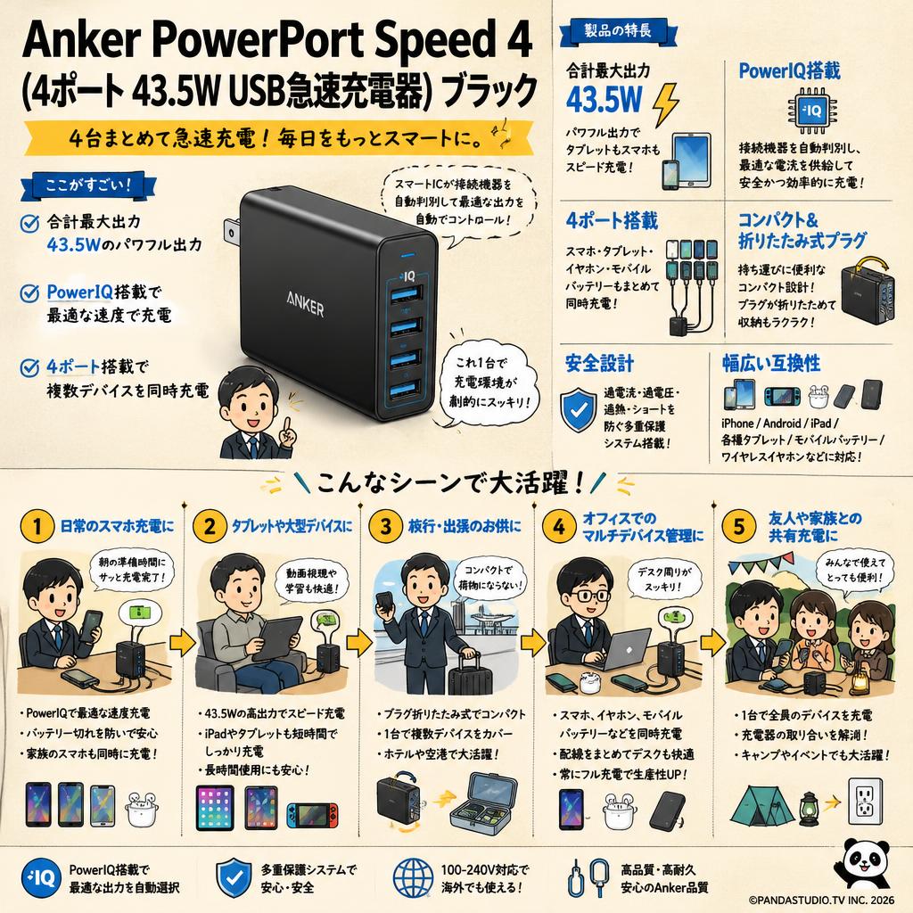 Anker PowerPort Speed 4 (4ポート 43.5W USB急速充電器) ブラック 用途
