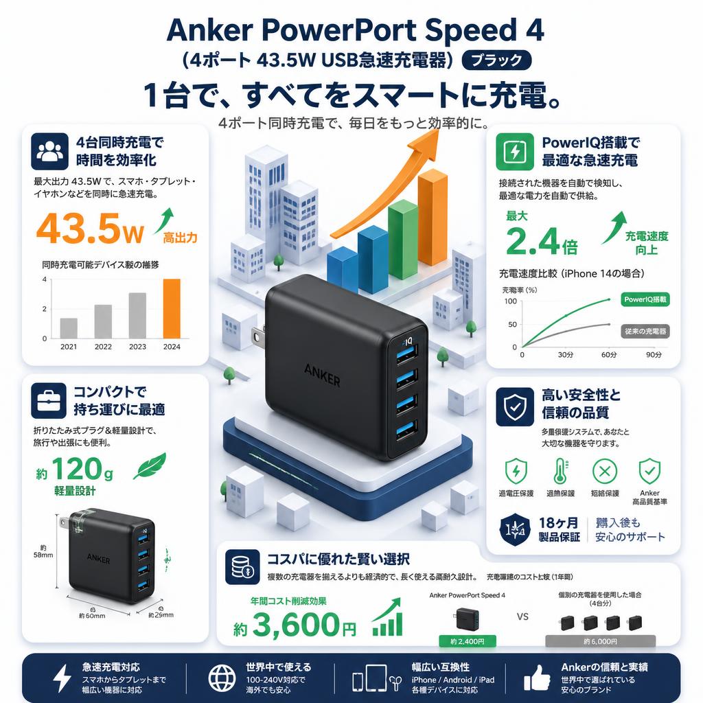 Anker PowerPort Speed 4 (4ポート 43.5W USB急速充電器) ブラック セールスポイント