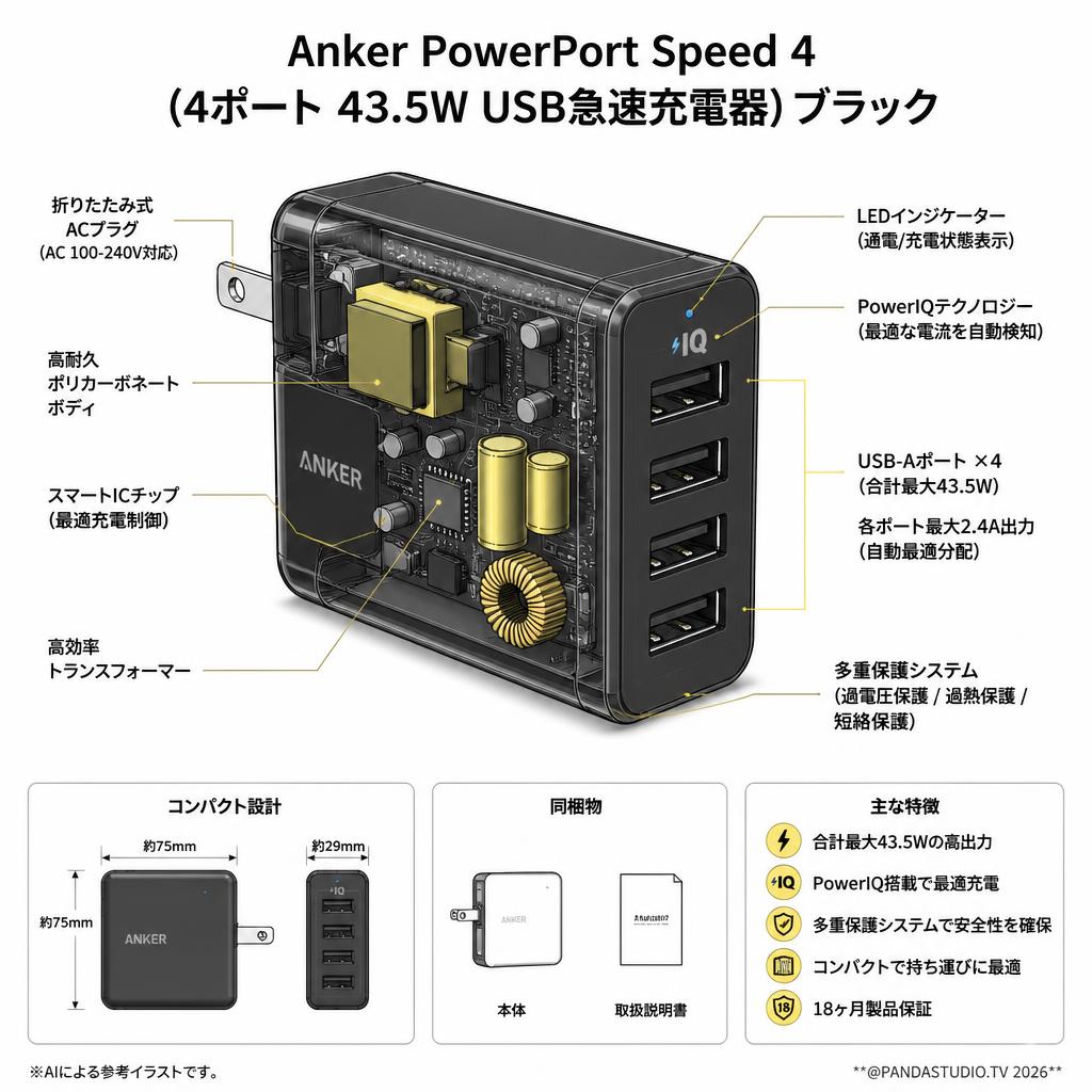 Anker PowerPort Speed 4 (4ポート 43.5W USB急速充電器) ブラック スペック