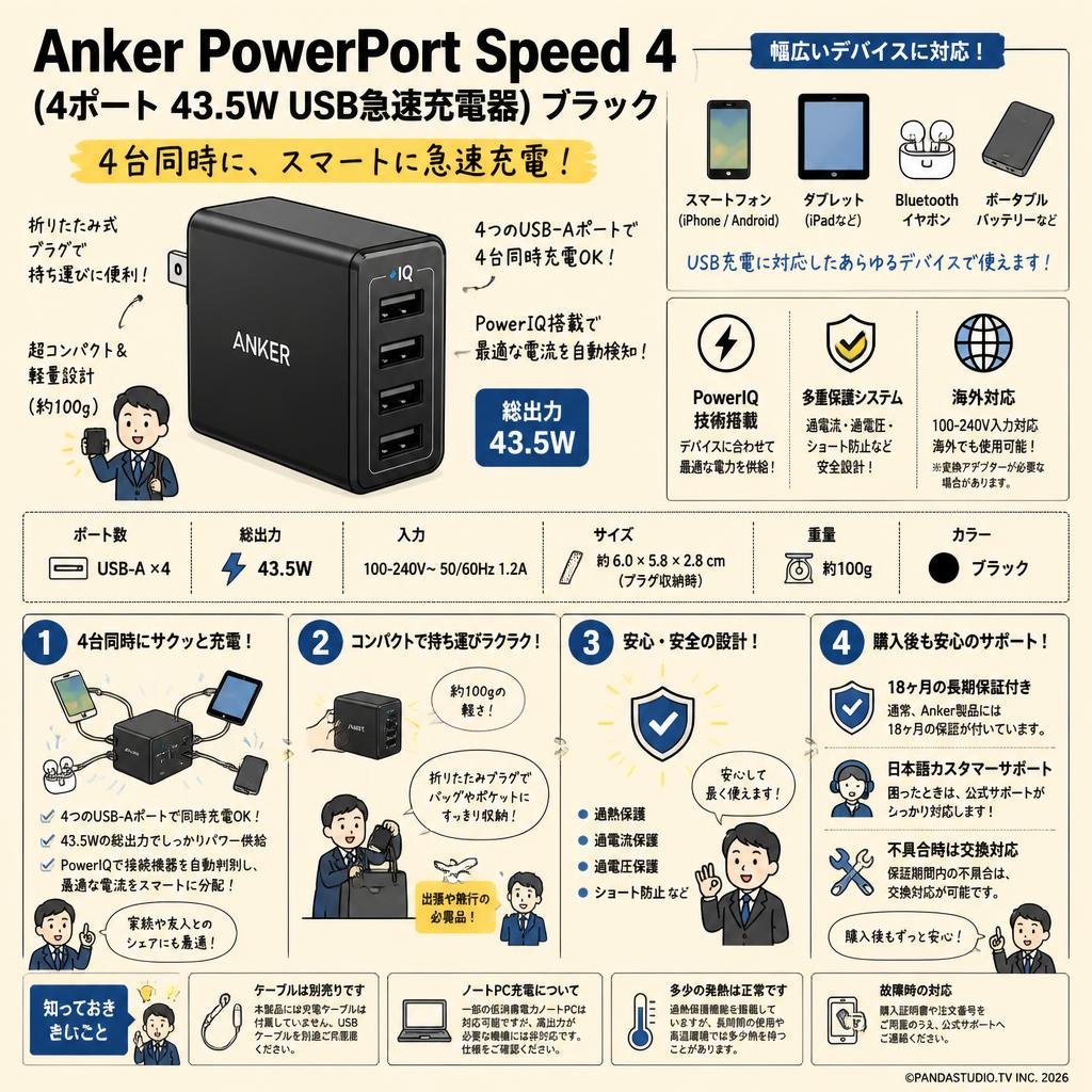 Anker PowerPort Speed 4 (4ポート 43.5W USB急速充電器) ブラック FAQ（よくある質問と答え）