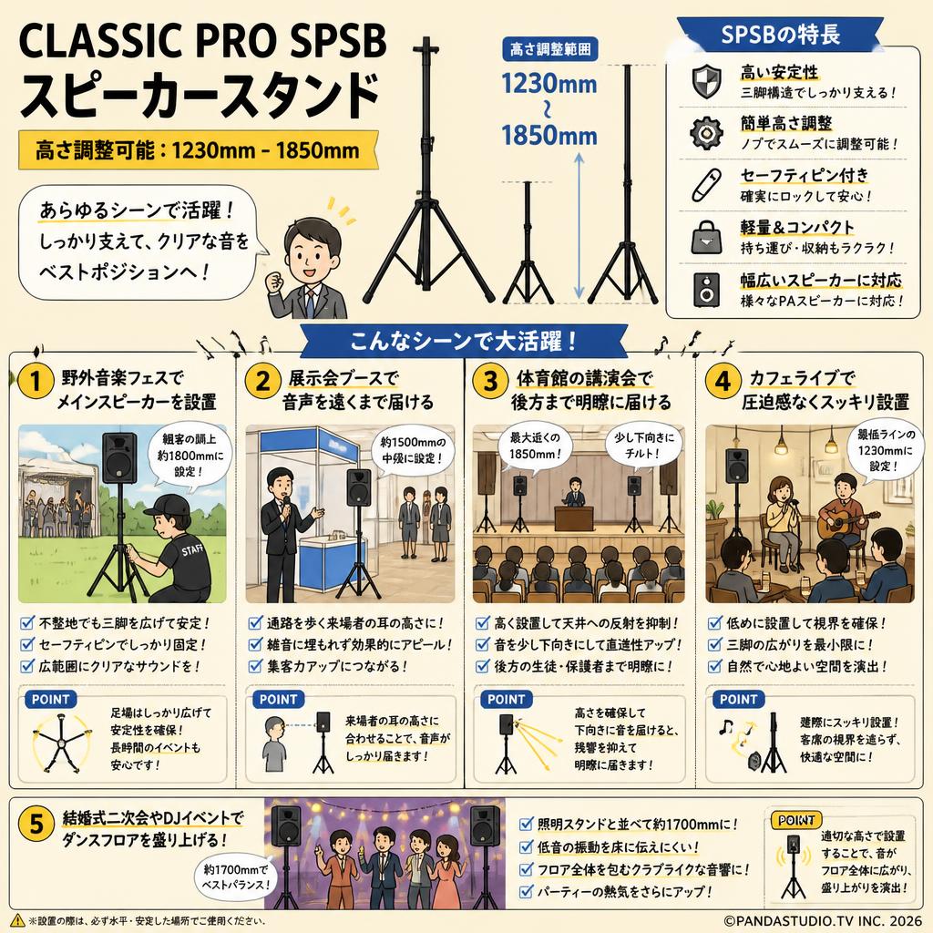 CLASSIC PRO SPSB スピーカースタンド  【高さ調整可能：1230mm - 1850mm】 用途