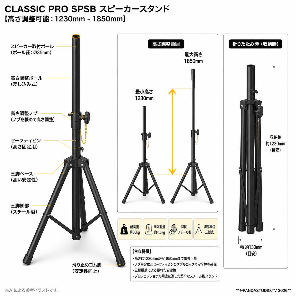 CLASSIC PRO SPSB スピーカースタンド  【高さ調整可能：1230mm - 1850mm】 スペック