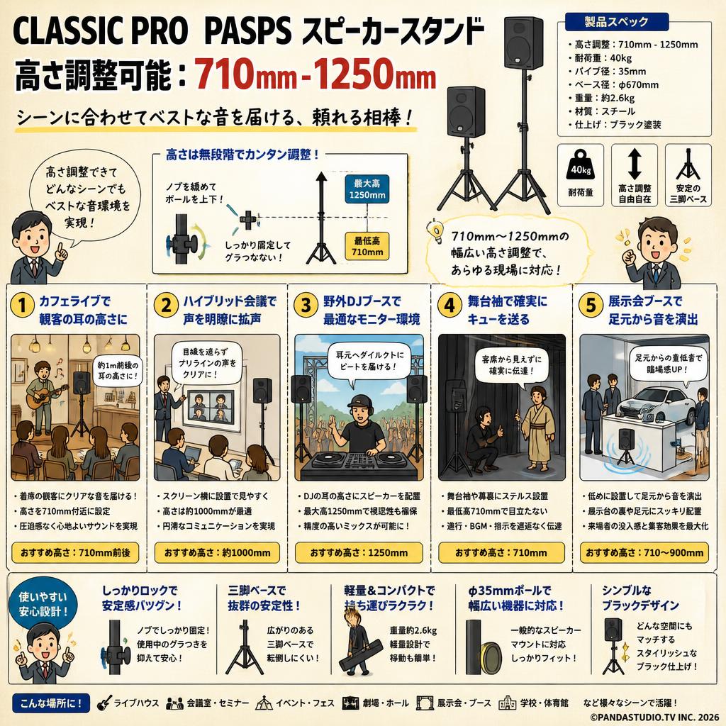 CLASSIC PRO  PASPS  スピーカースタンド 【高さ調整可能：710mm - 1250mm】 用途