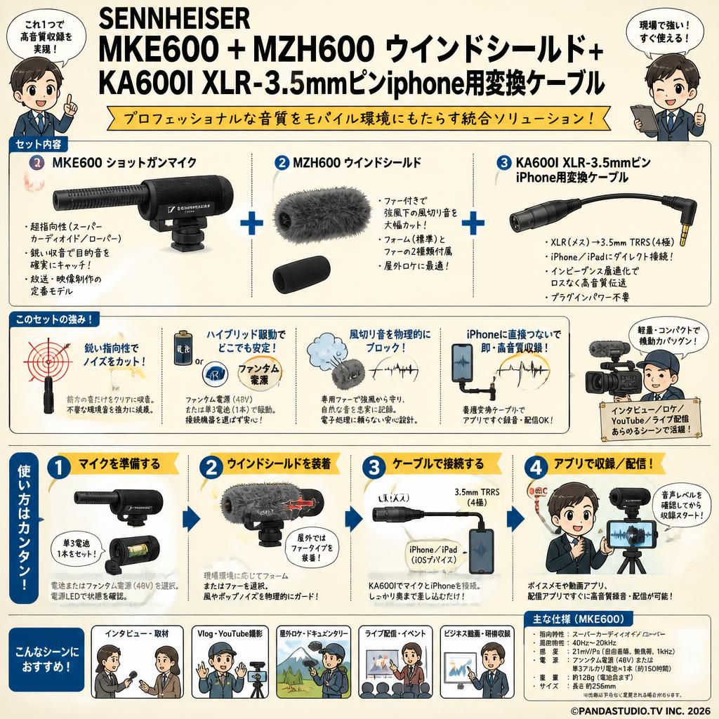 SENNHEISER  MKE600＋MZH600 ウインドシールド＋ KA600I XLR-3.5mmピンiphone用変換ケーブル 概要