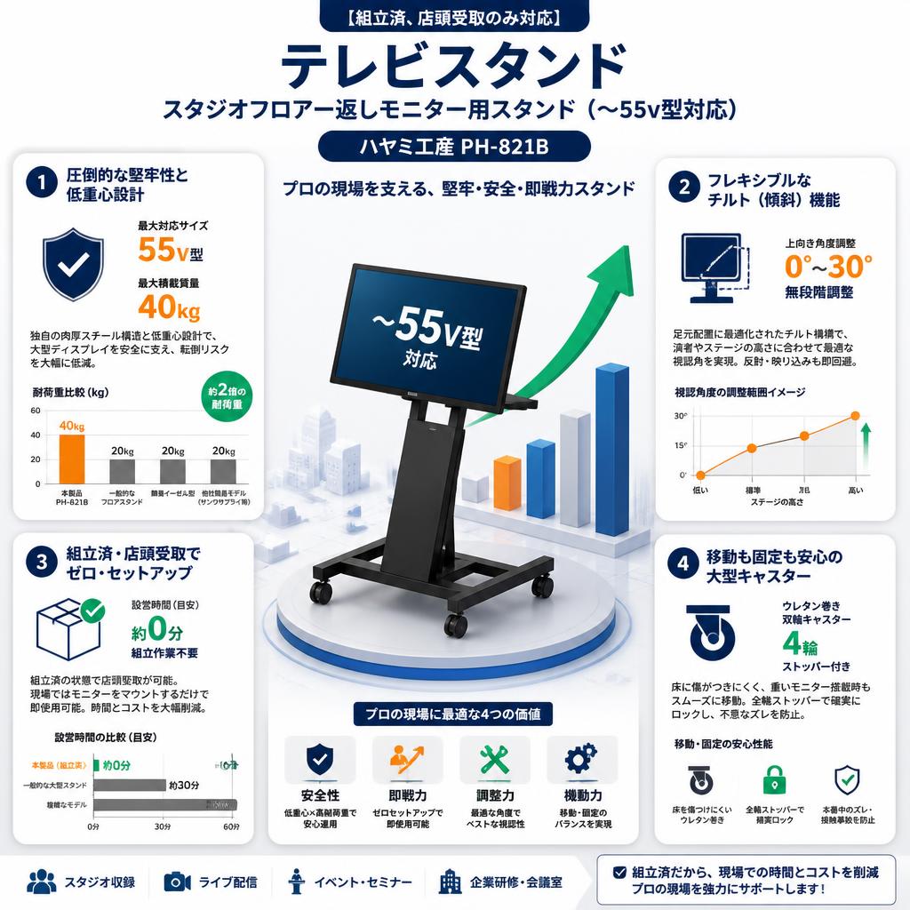 【組立済、店頭受取のみ対応】テレビスタンド /スタジオフロアー返しモニター用スタンド (~55v型対応) ハヤミ工産PH-821B セールスポイント