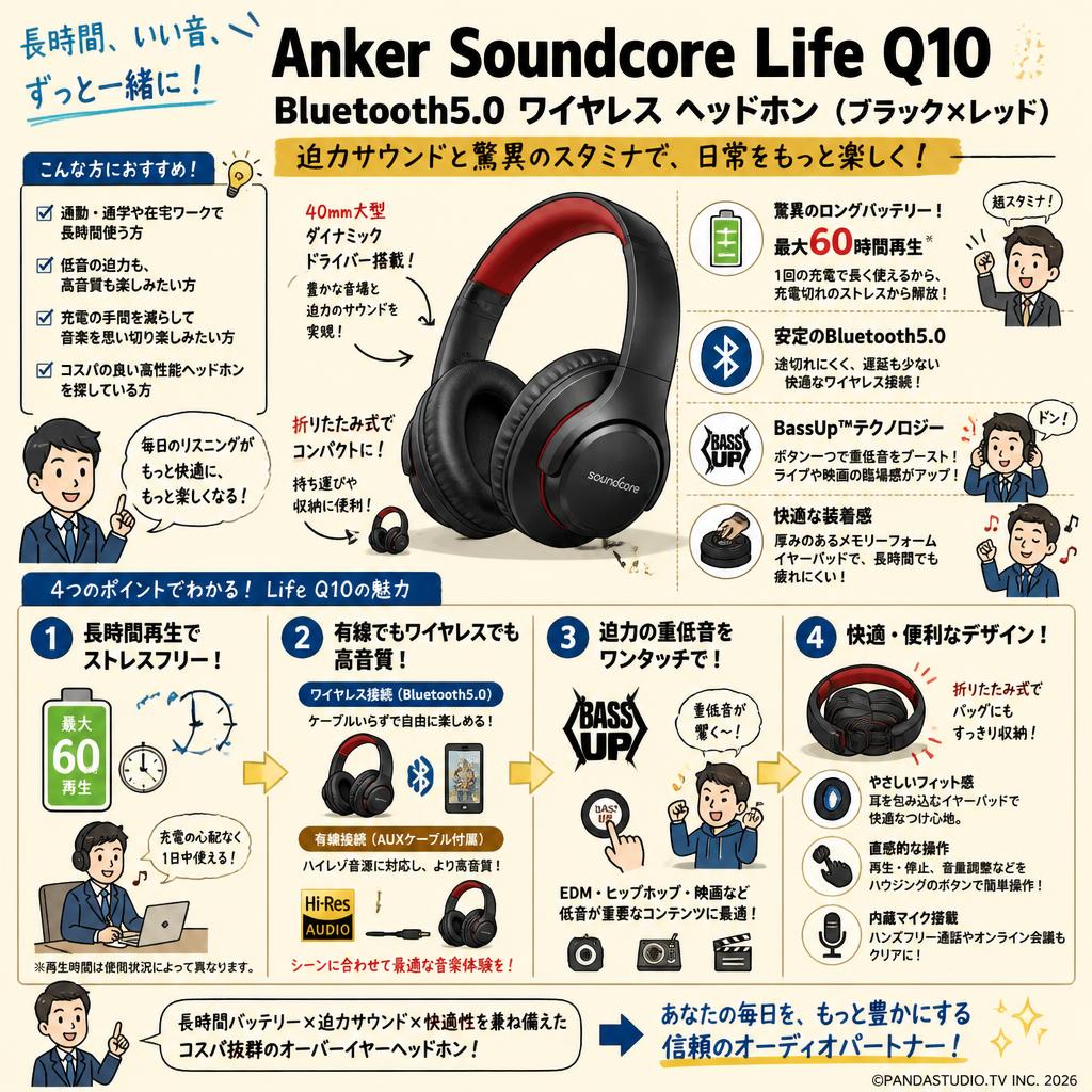 Anker Soundcore Life Q10 Bluetooth5.0 ワイヤレス ヘッドホン（ブラック×レッド） 概要