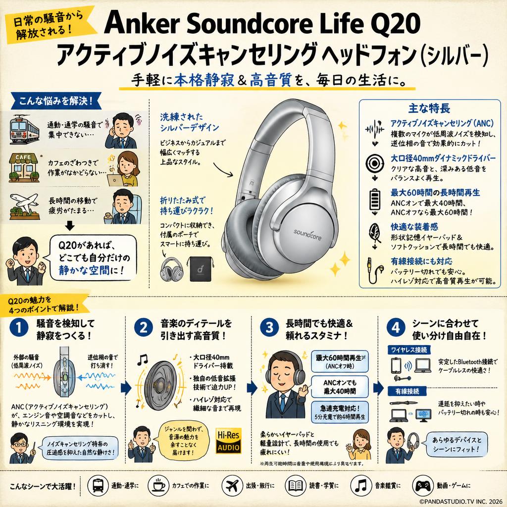 Anker Soundcore Life Q20 アクティブノイズキャンセリング ヘッドフォン（シルバー） 概要