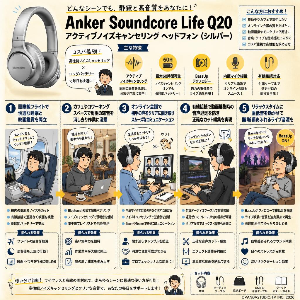 Anker Soundcore Life Q20 アクティブノイズキャンセリング ヘッドフォン（シルバー） 用途
