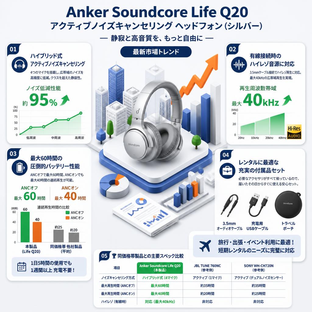 Anker Soundcore Life Q20 アクティブノイズキャンセリング ヘッドフォン（シルバー） セールスポイント