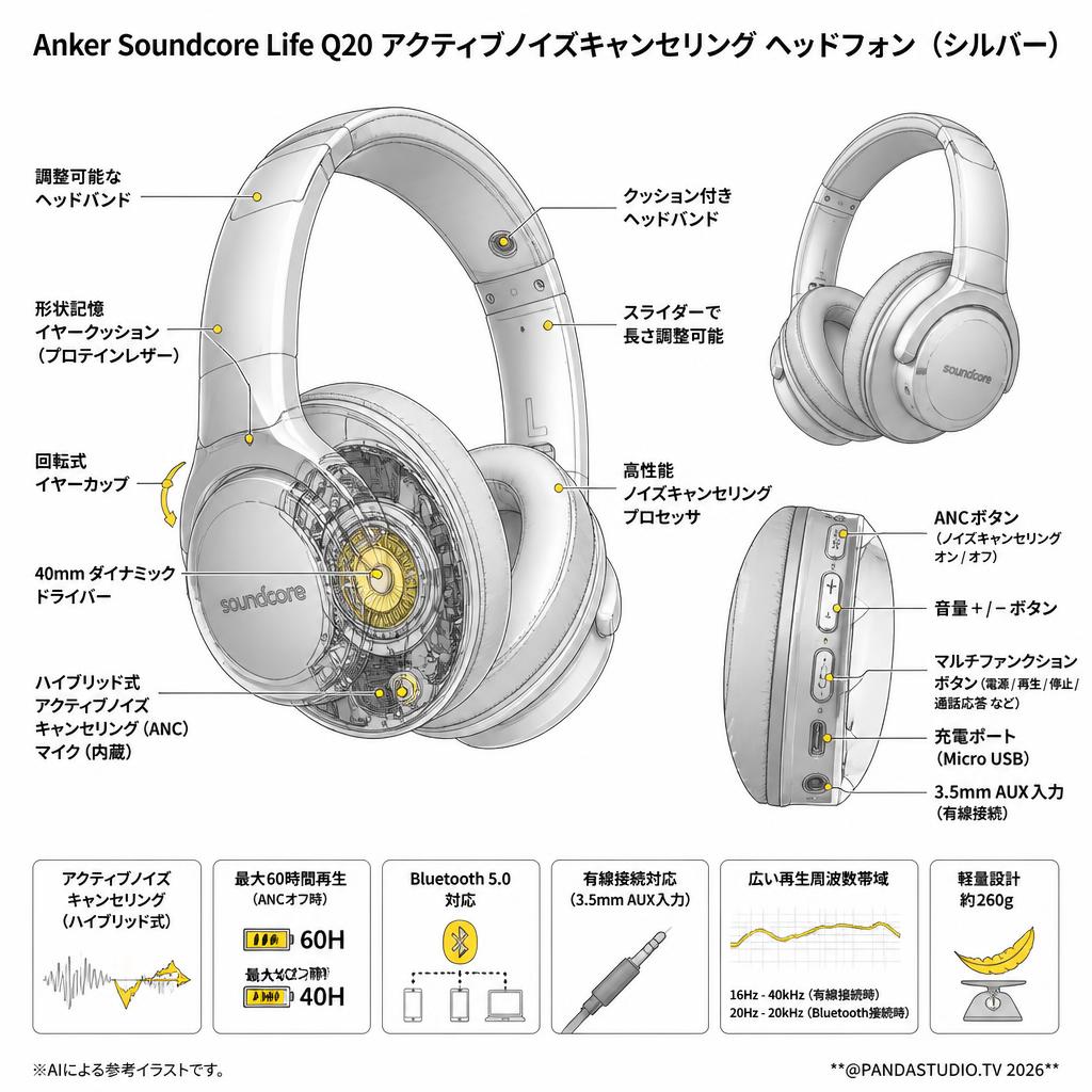 Anker Soundcore Life Q20 アクティブノイズキャンセリング ヘッドフォン（シルバー） スペック