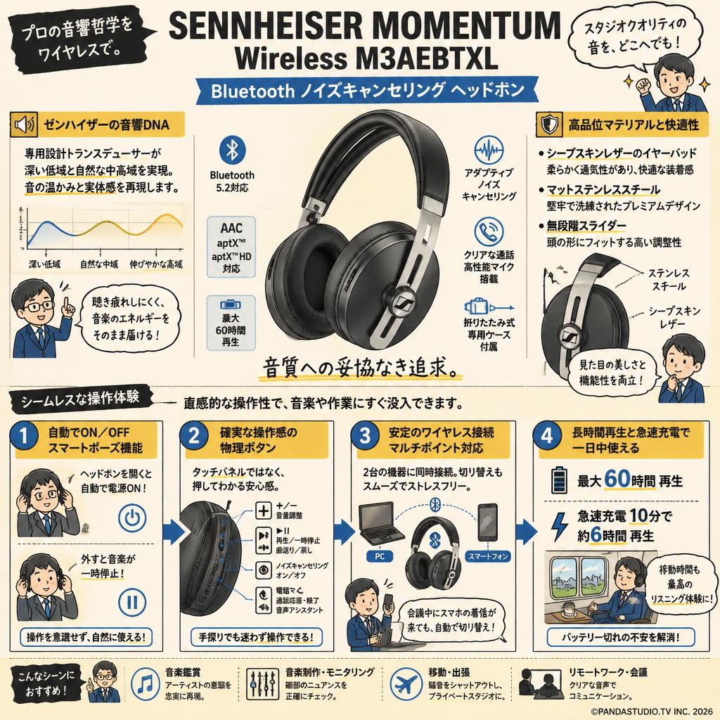 SENNHEISER MOMENTUM Wireless M3AEBTXL Bluetooth ノイズキャンセリング ヘッドホン 概要