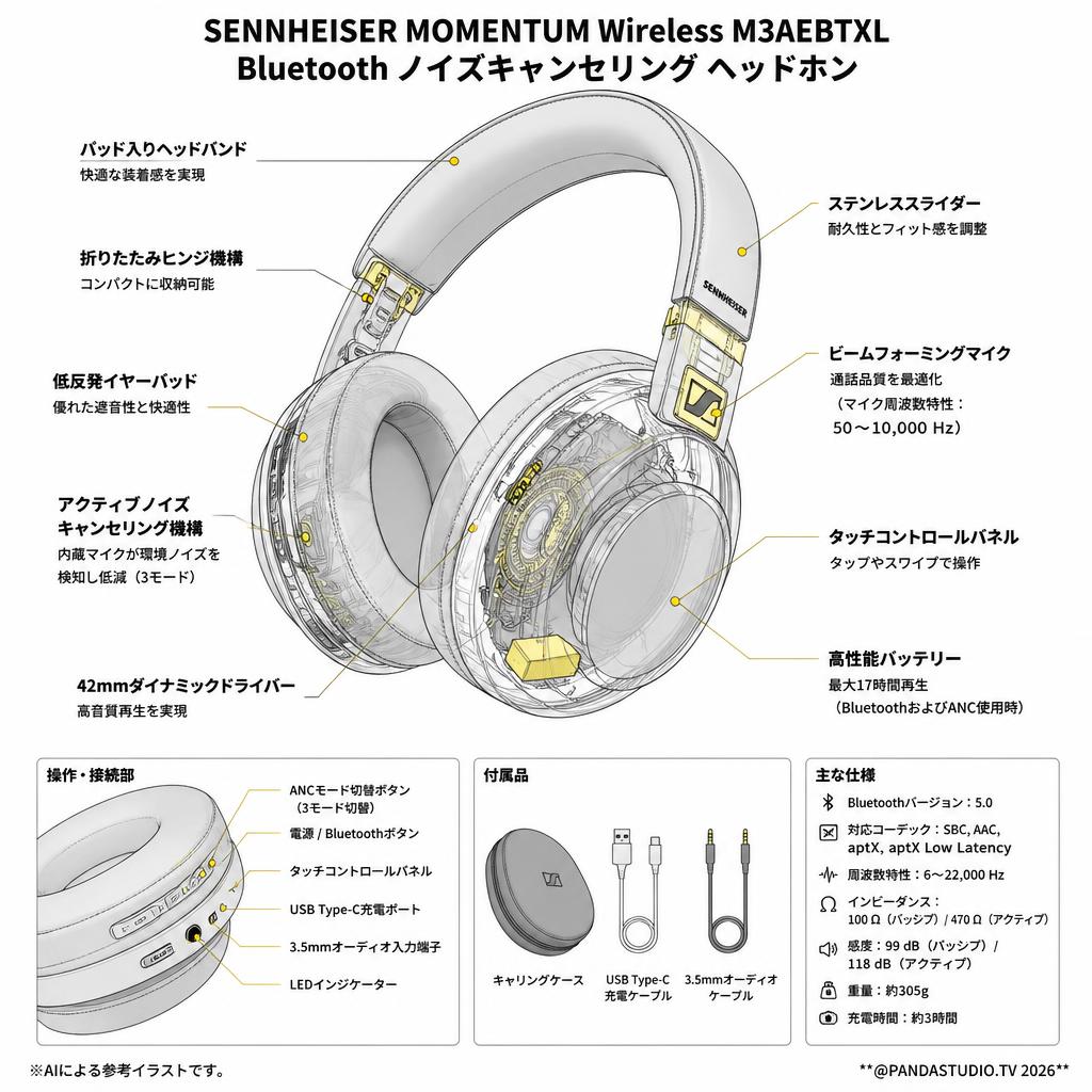 SENNHEISER MOMENTUM Wireless M3AEBTXL Bluetooth ノイズキャンセリング ヘッドホン スペック