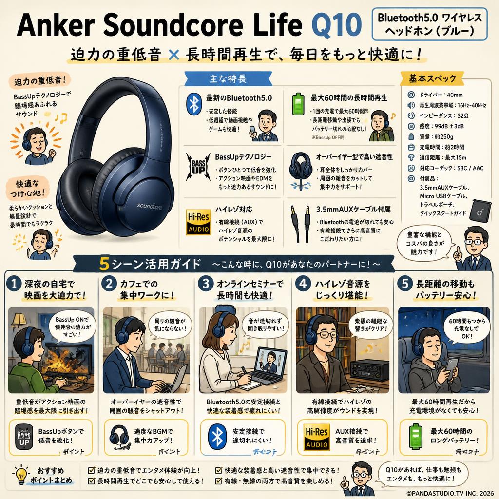 Anker Soundcore Life Q10 Bluetooth5.0 ワイヤレス ヘッドホン（ブルー） 用途