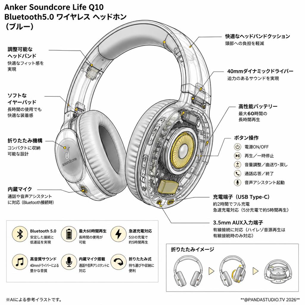 Anker Soundcore Life Q10 Bluetooth5.0 ワイヤレス ヘッドホン（ブルー） スペック