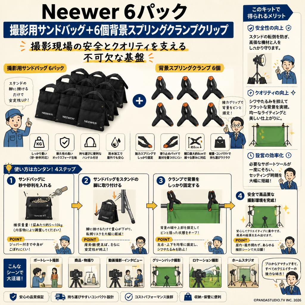 Neewer 6パック 撮影用サンドバッグ＋6個背景スプリングクランプクリップ 概要