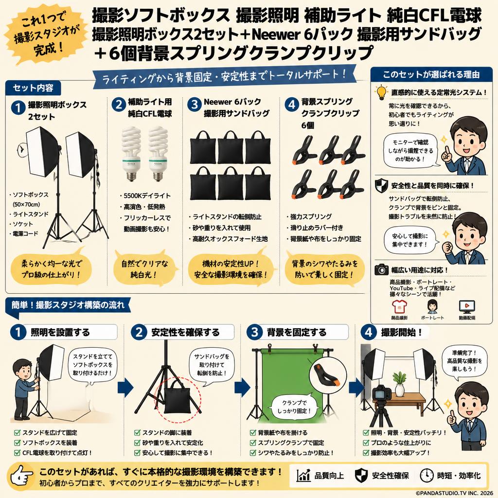 撮影ソフトボックス 撮影照明 補助ライト 純白CFL電球 撮影照明ボックス2セット＋Neewer 6パック 撮影用サンドバッグ＋6個背景スプリングクランプクリップ 概要