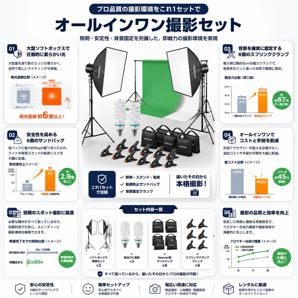 撮影ソフトボックス 撮影照明 補助ライト 純白CFL電球 撮影照明ボックス2セット＋Neewer 6パック 撮影用サンドバッグ＋6個背景スプリングクランプクリップ セールスポイント
