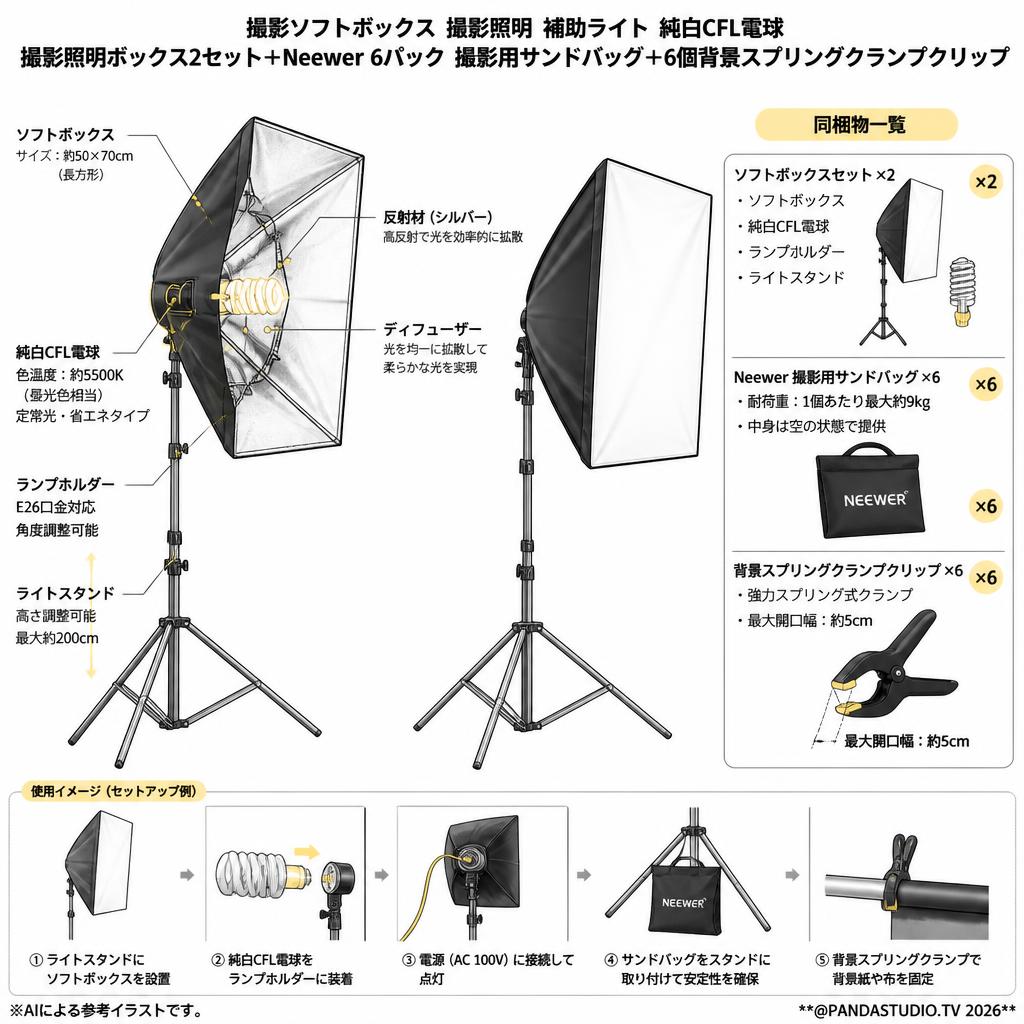 撮影ソフトボックス 撮影照明 補助ライト 純白CFL電球 撮影照明ボックス2セット＋Neewer 6パック 撮影用サンドバッグ＋6個背景スプリングクランプクリップ スペック