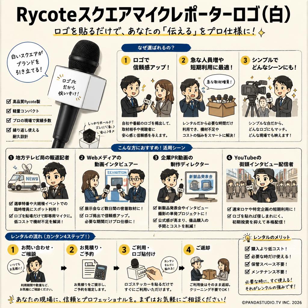 Rycoteスクエアマイクレポーターロゴ（白) おもな対象のお客様