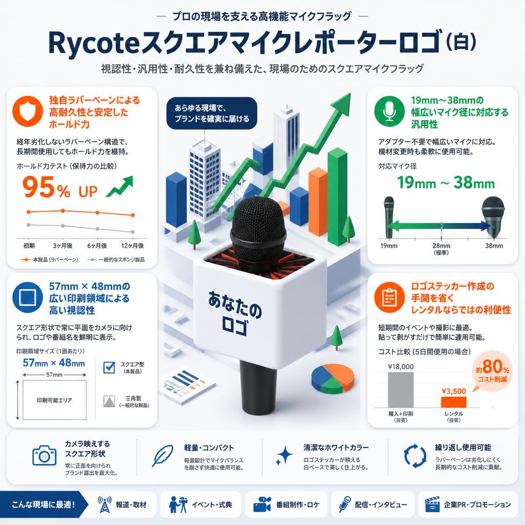 Rycoteスクエアマイクレポーターロゴ（白) セールスポイント