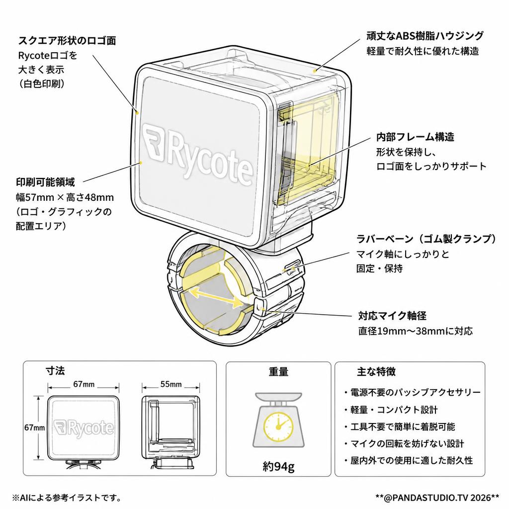 Rycoteスクエアマイクレポーターロゴ（白) スペック