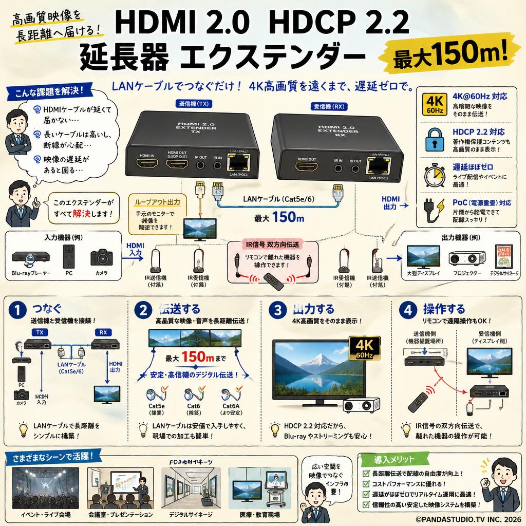 HDMI 2.0 HDCP 2.2 延長器 エクステンダー  最大150m 概要