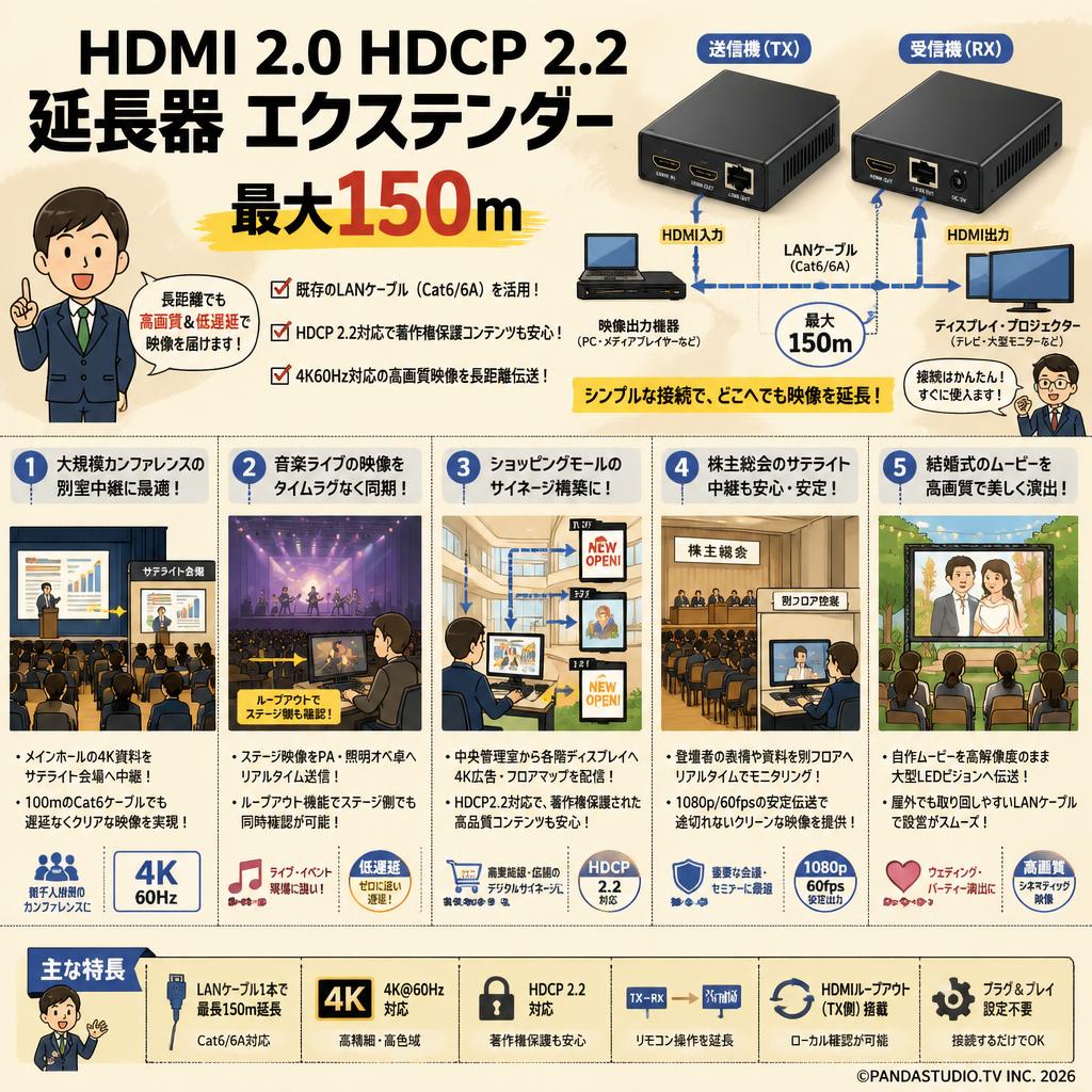 HDMI 2.0 HDCP 2.2 延長器 エクステンダー  最大150m 用途