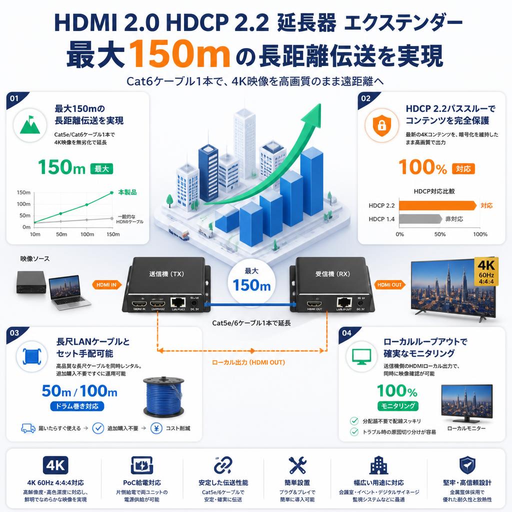 HDMI 2.0 HDCP 2.2 延長器 エクステンダー  最大150m セールスポイント