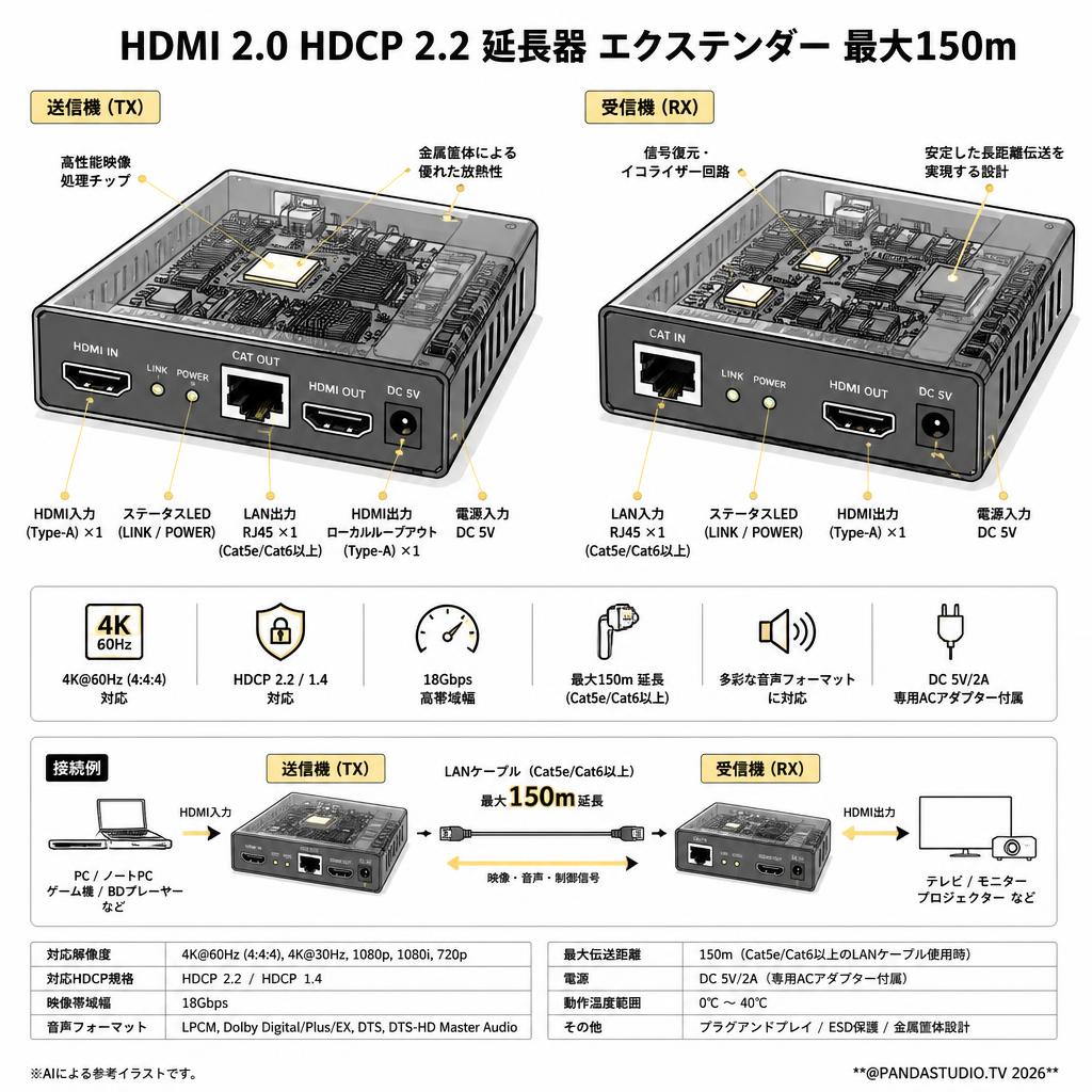 HDMI 2.0 HDCP 2.2 延長器 エクステンダー  最大150m スペック