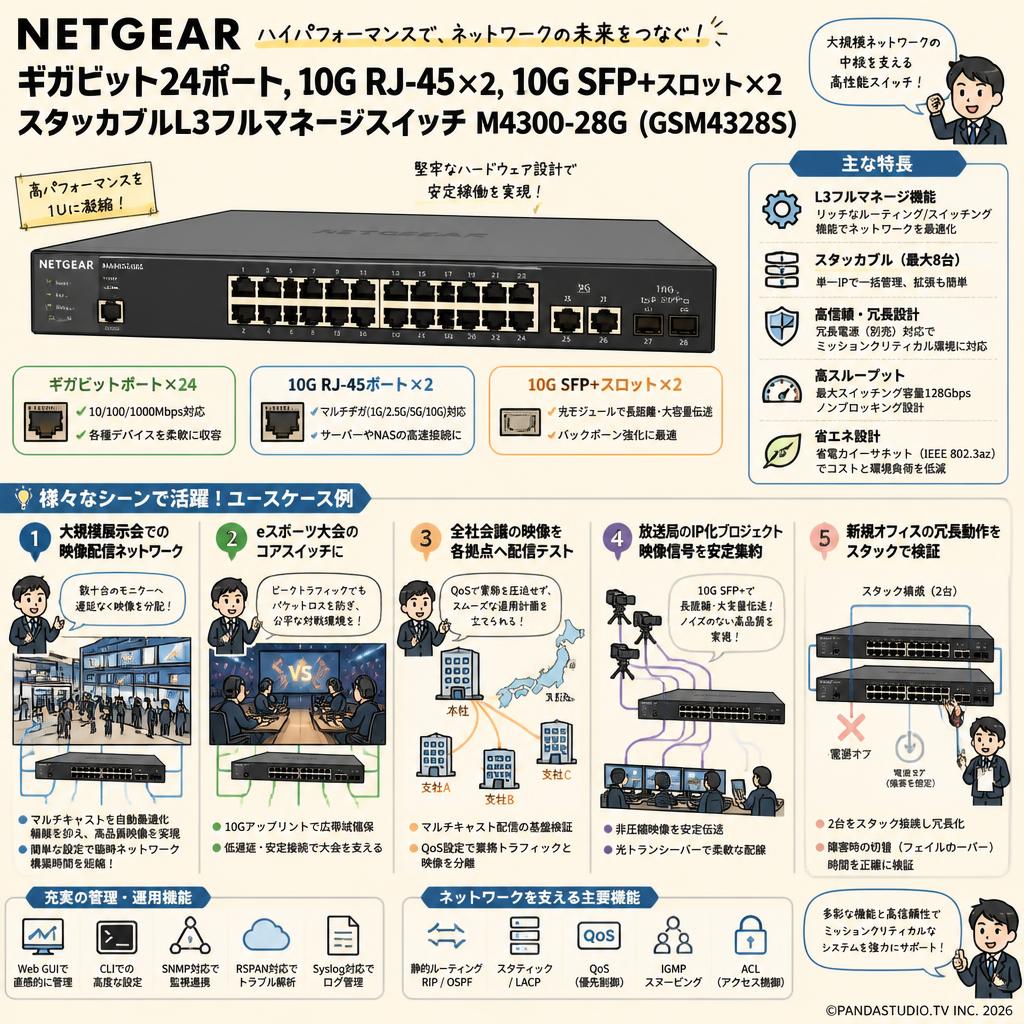 NETGEAR   ギガビット24ポート, 10G RJ-45×2, 10G SFP+スロット×2 スタッカブルL3フルマネージスイッチ M4300-28G (GSM4328S) 用途