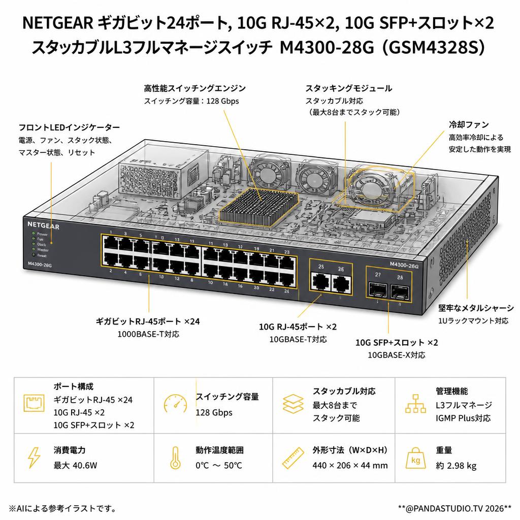 NETGEAR   ギガビット24ポート, 10G RJ-45×2, 10G SFP+スロット×2 スタッカブルL3フルマネージスイッチ M4300-28G (GSM4328S) スペック