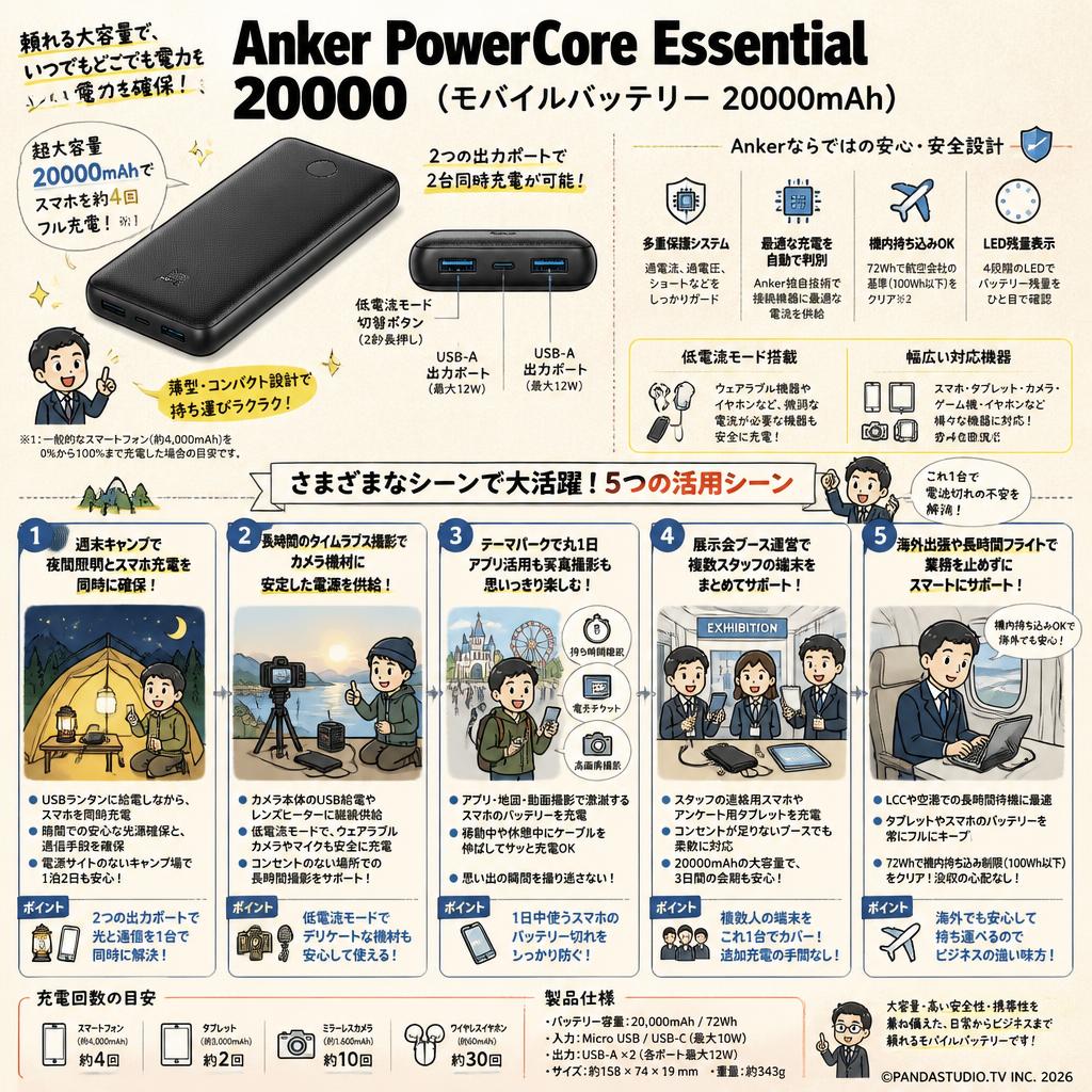 Anker PowerCore Essential 20000 (モバイルバッテリー 20000mAh) 用途