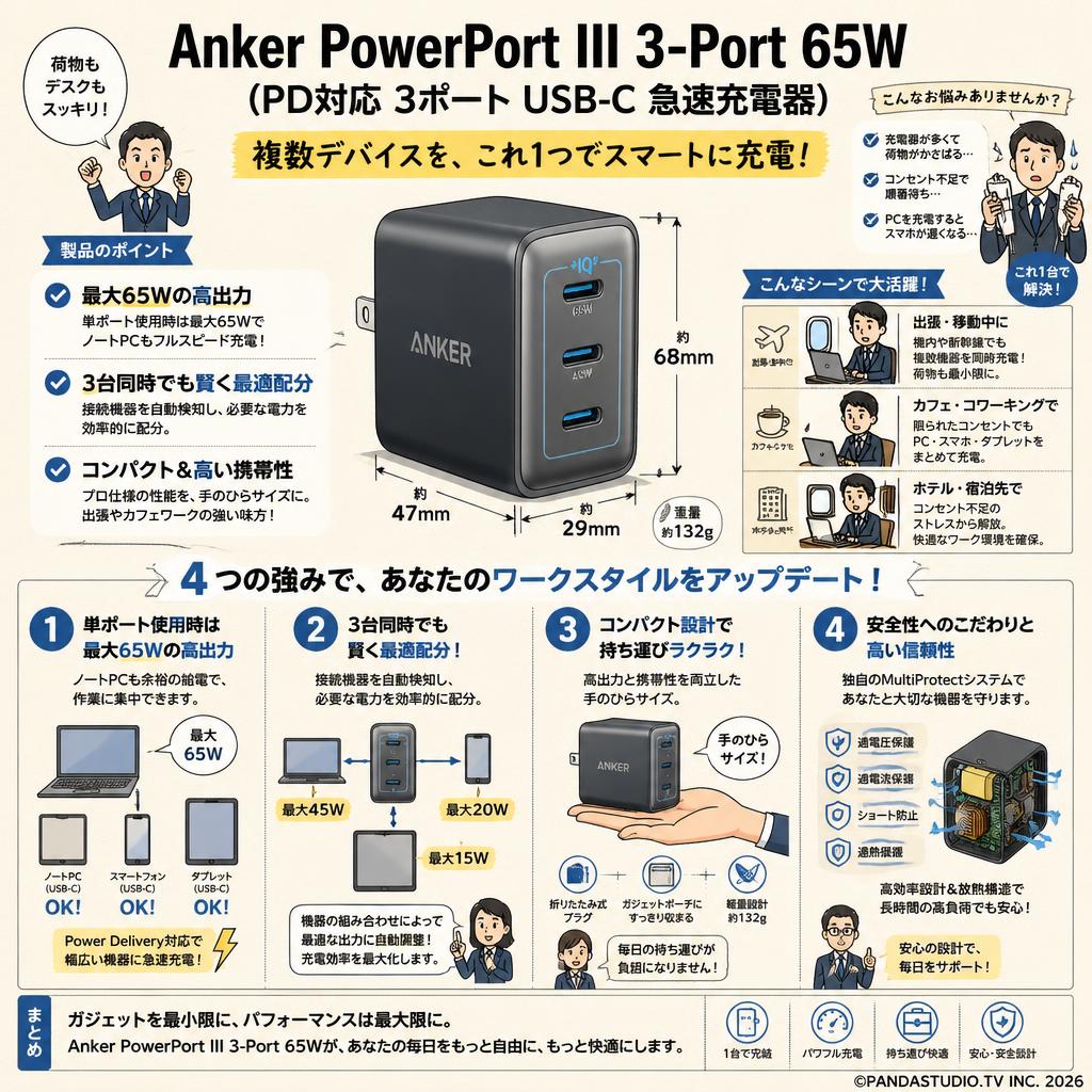Anker PowerPort III 3-Port 65W（PD対応 3ポート USB-C 急速充電器） 概要