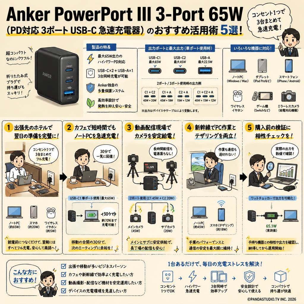 Anker PowerPort III 3-Port 65W（PD対応 3ポート USB-C 急速充電器） 用途