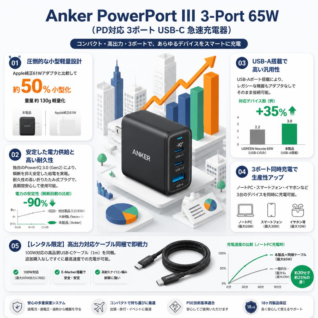 Anker PowerPort III 3-Port 65W（PD対応 3ポート USB-C 急速充電器） セールスポイント