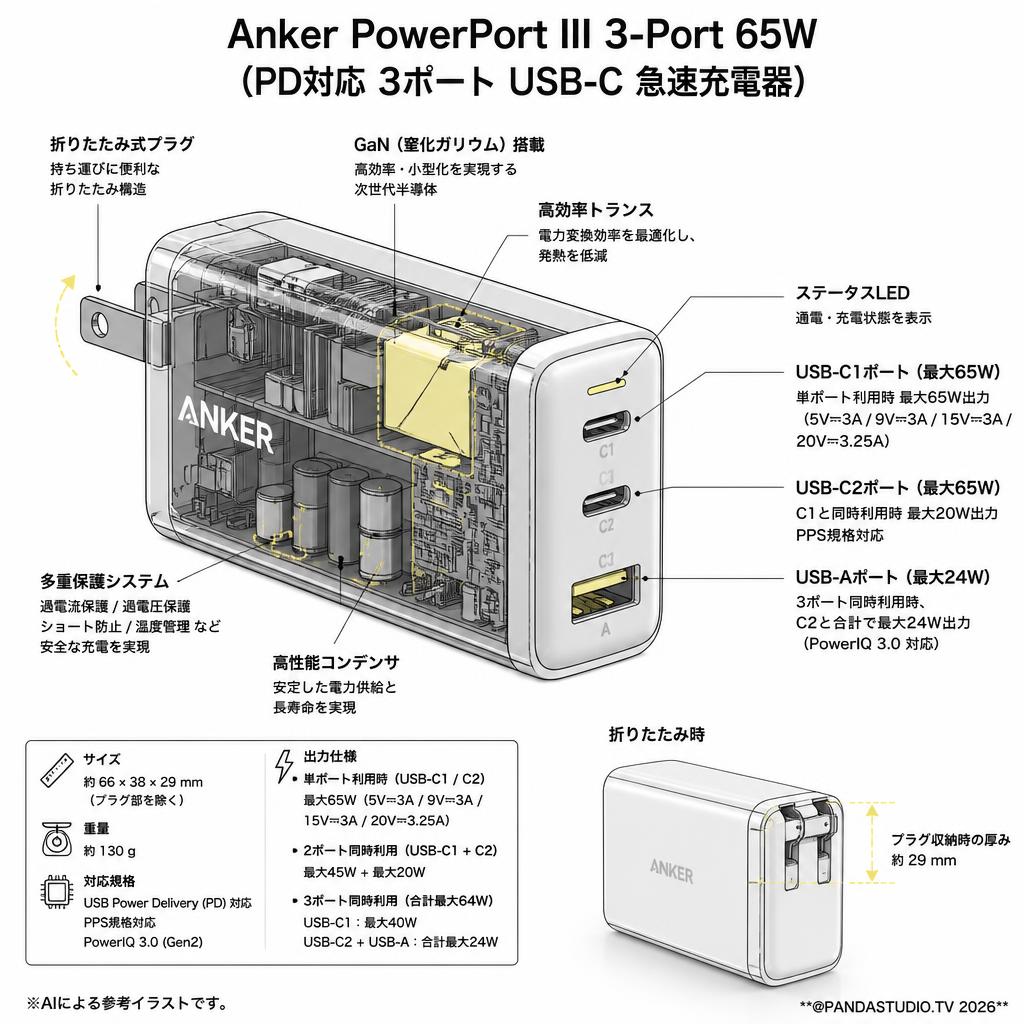 Anker PowerPort III 3-Port 65W（PD対応 3ポート USB-C 急速充電器） スペック