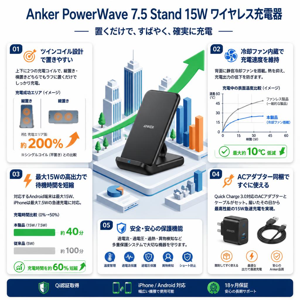 Anker PowerWave 7.5 Stand 15W ワイヤレス充電器 セールスポイント