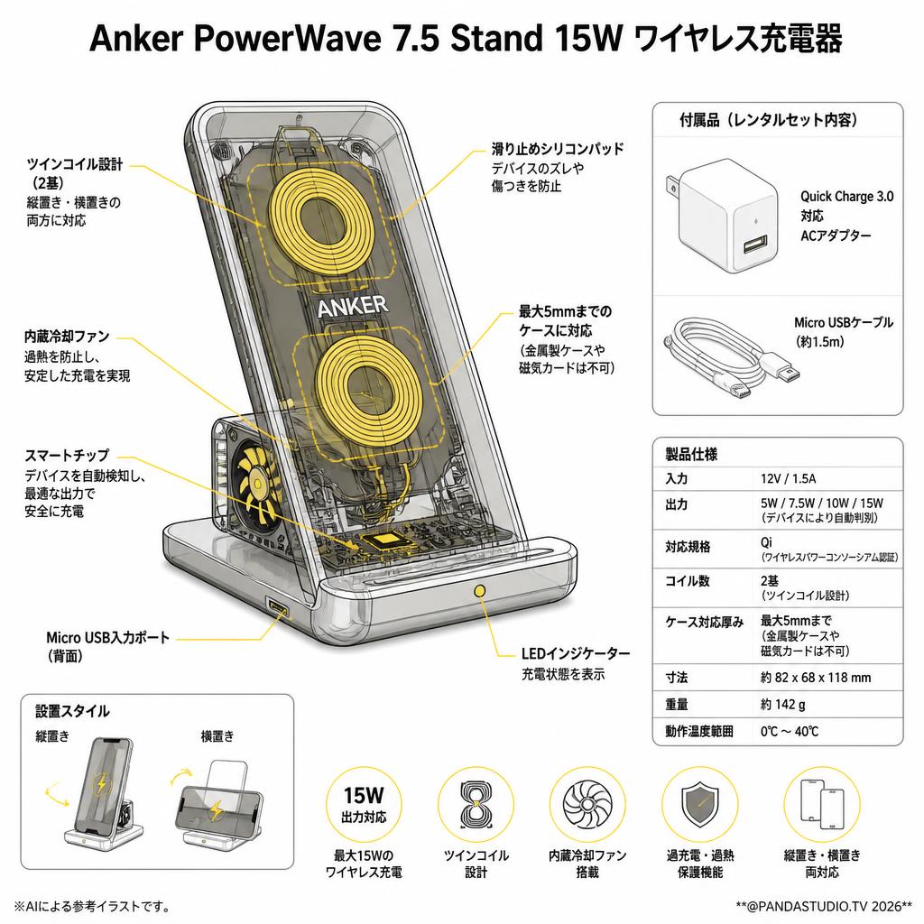 Anker PowerWave 7.5 Stand 15W ワイヤレス充電器 スペック