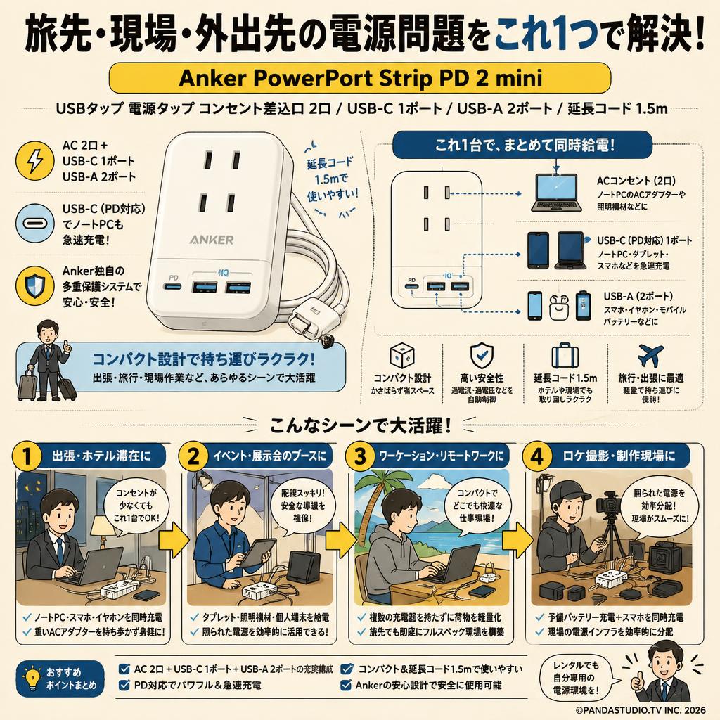Anker PowerPort Strip PD 2 mini (USBタップ 電源タップ コンセント差込口 2口USB-C 1ポート USB-A 2ポート 延長コード 1.5m) おもな対象のお客様