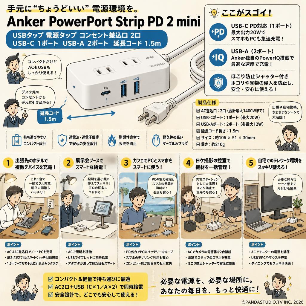 Anker PowerPort Strip PD 2 mini (USBタップ 電源タップ コンセント差込口 2口USB-C 1ポート USB-A 2ポート 延長コード 1.5m) 用途