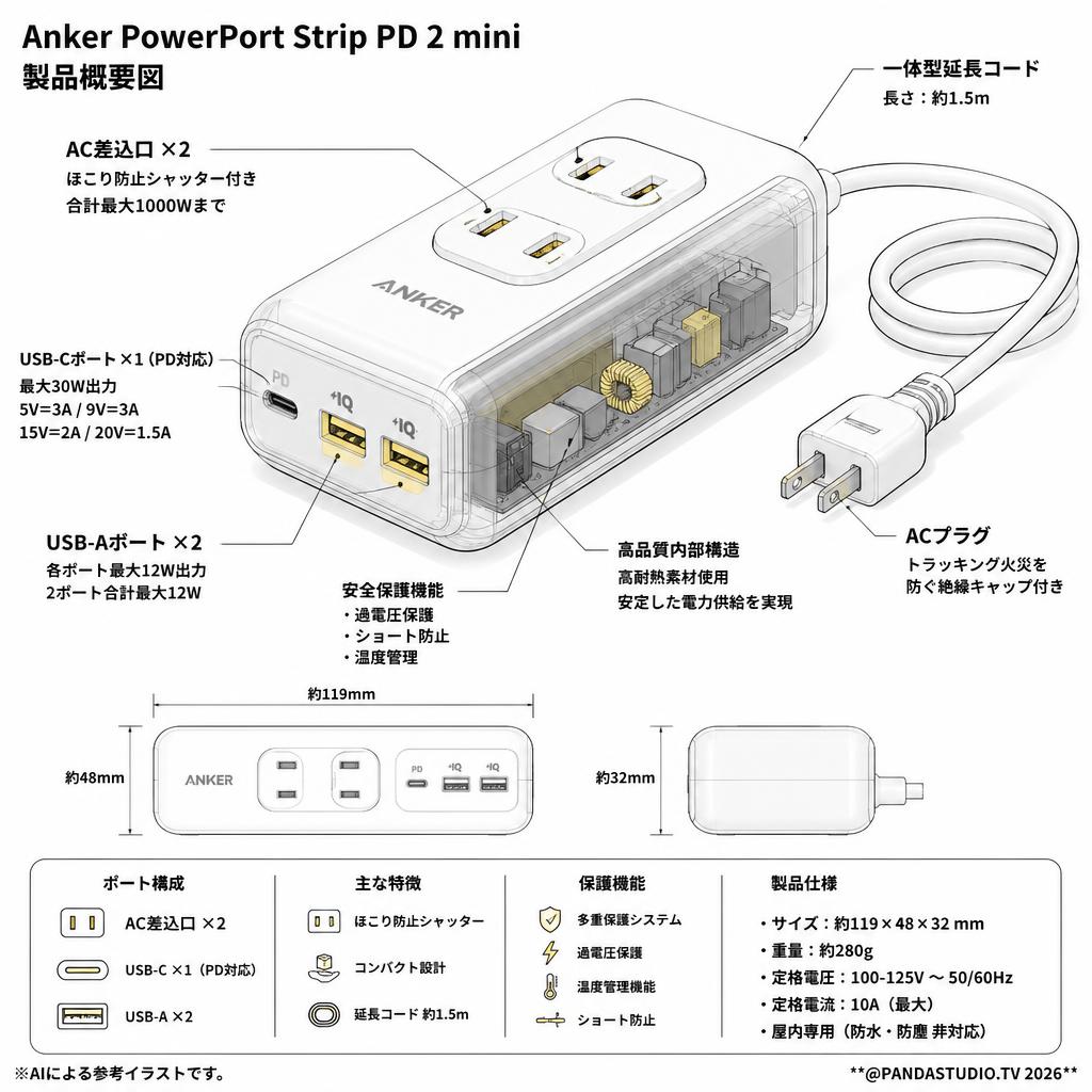 Anker PowerPort Strip PD 2 mini (USBタップ 電源タップ コンセント差込口 2口USB-C 1ポート USB-A 2ポート 延長コード 1.5m) スペック
